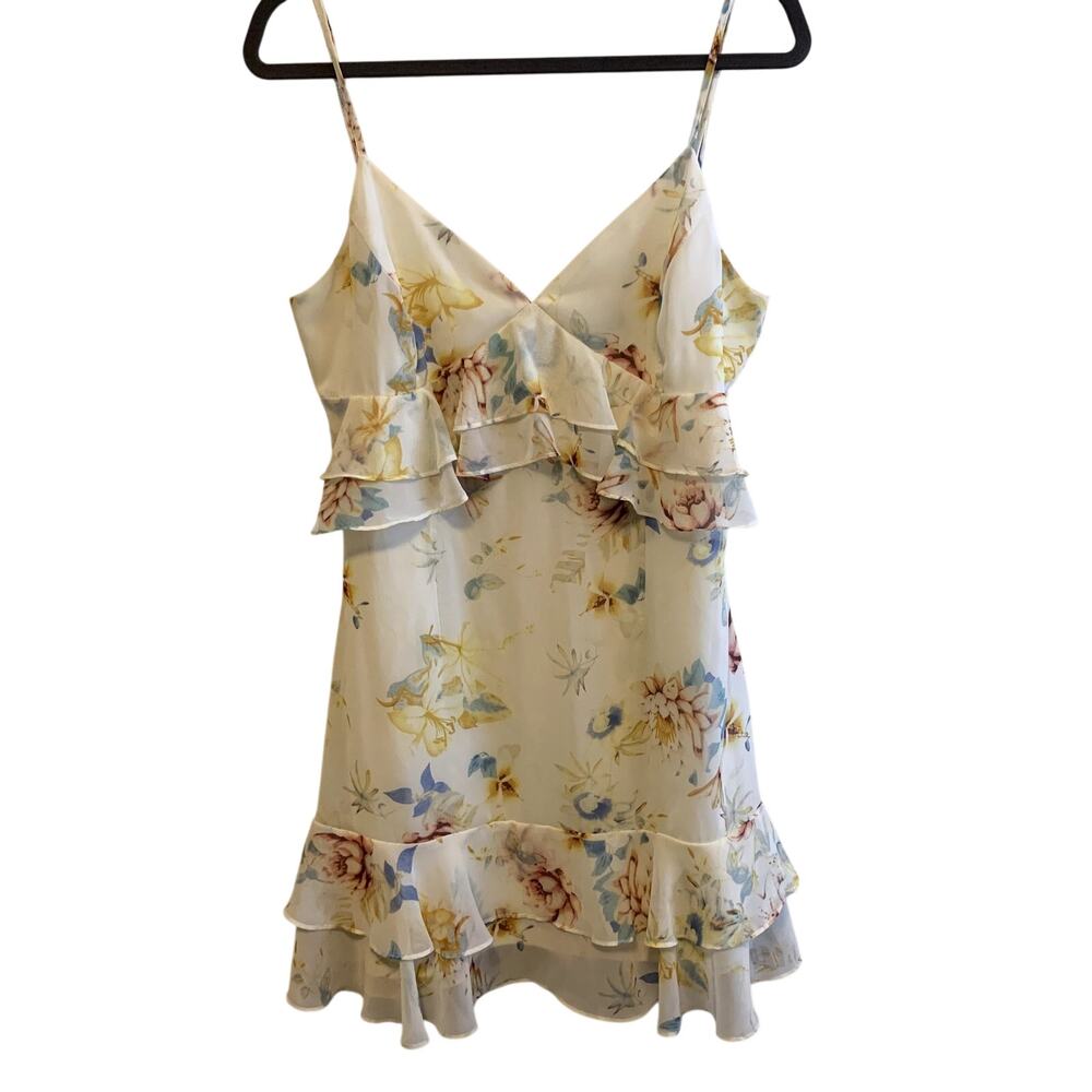 Lulus Floral Mini Dress Baby Doll Tiered Ruffles Party Romantic Cami Straps SZ L